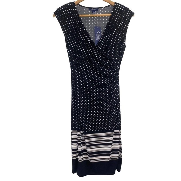Chaps Black Sleeveless Wrap Dress Polka Dot Stripe V-Neck Bodycon SZ XS - Picture 1 of 9